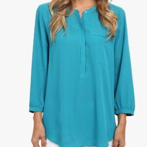 NYDJ Top Blouse Women's Small Teal/Turquoise Henley 3/4 Sleeve Flowy